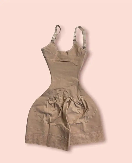 FemmeBonita High Compression Colombian Faja Bodysuit in beige – back view, Colombian faja tummy control