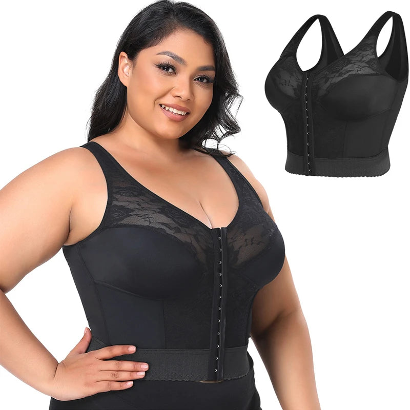 FemmeBonita 3-in-1 Bra Waist Trainer Bodysuit in black – front view, posture corrector and tummy control
