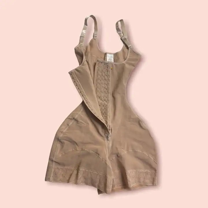 FemmeBonita High Compression Colombian Faja Bodysuit in beige – front view, removable strap shapewear