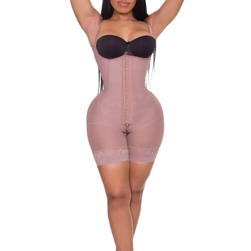 FemmeBonita Open-Bust Post-Surgery Bodysuit in black – front view, zipper crotch Colombian faja shapewear