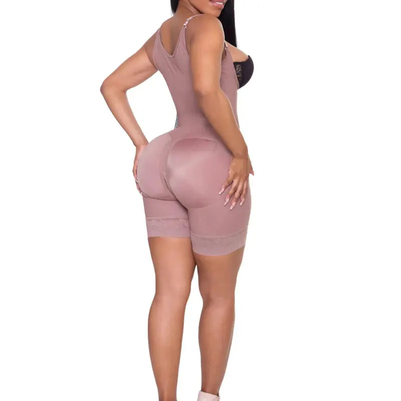 FemmeBonita Open-Bust Post-Surgery Bodysuit in black – angle view, 4-hook closure BBL recovery garment