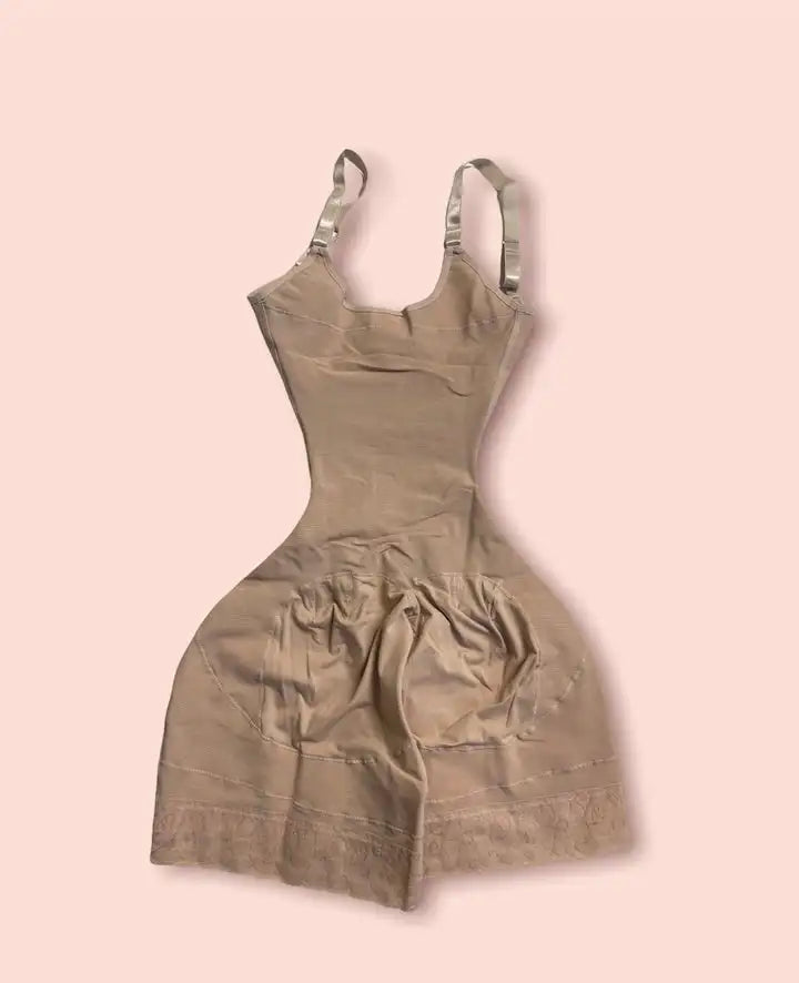 FemmeBonita High Compression Colombian Faja Bodysuit in beige – back view, Colombian faja tummy control