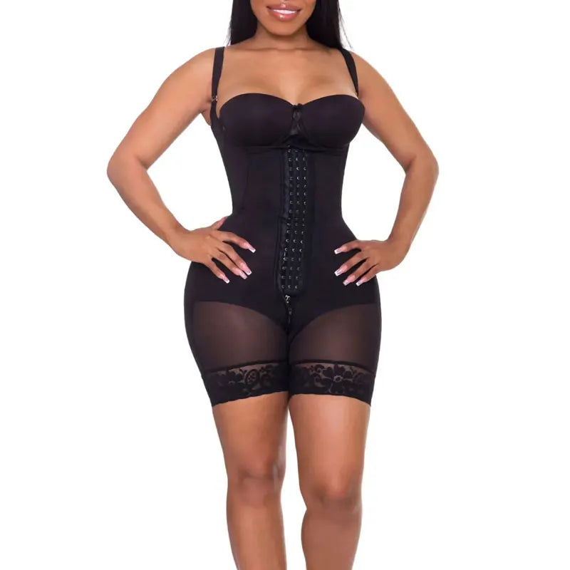 FemmeBonita Open-Bust Post-Surgery Bodysuit in beige – front view, zipper crotch Colombian faja recovery