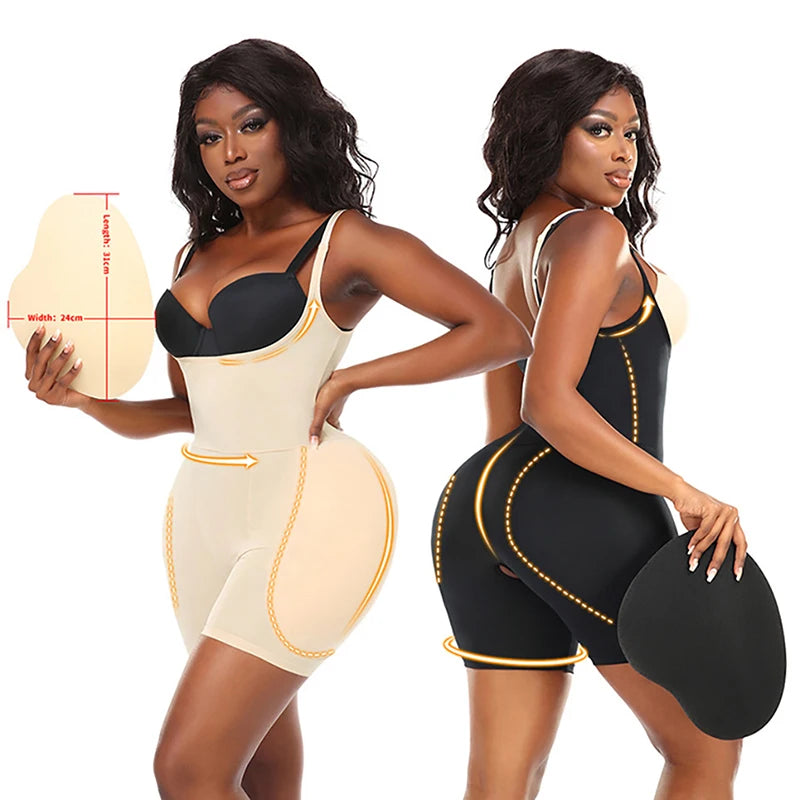 FemmeBonita Hourglass Bodysuit with Hip Pads in beige – back view, Colombian faja hip enhancer bodysuit