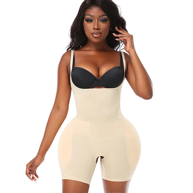 FemmeBonita Hourglass Bodysuit with Hip Pads – angle view, removable hip pads full body shaper