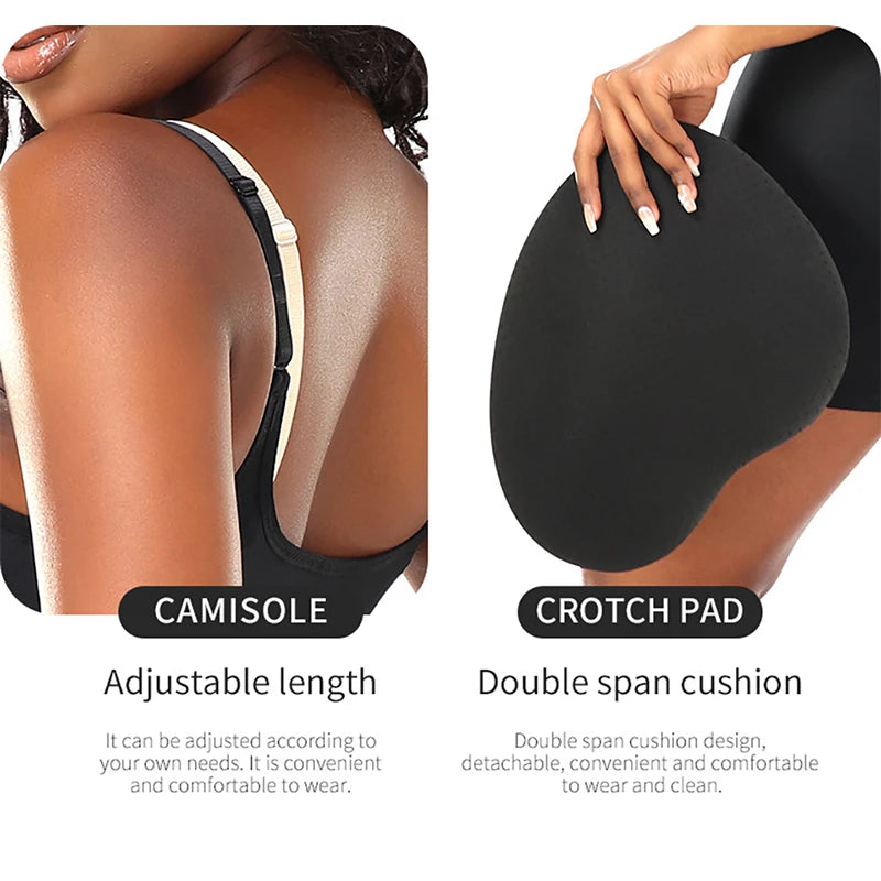 FemmeBonita Hourglass Bodysuit with Hip Pads in black – back view, hip enhancer bodysuit for women