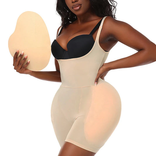 FemmeBonita Hourglass Bodysuit with Hip Pads in black – front view, butt lifter and tummy control shaper